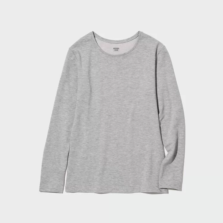 Tops Uniqlo Heattech Extra Warm Cotton Crew Neck Long Sleeved Thermal Woman Gray - uniqlo-women, uniqlo-clothes-women, uniqlo-clothes-tops-women