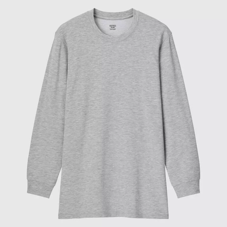 Tops Uniqlo Heattech Extra Warm Cotton Heather Crew Neck Long Sleeved Thermal Men Gray-FVD179328