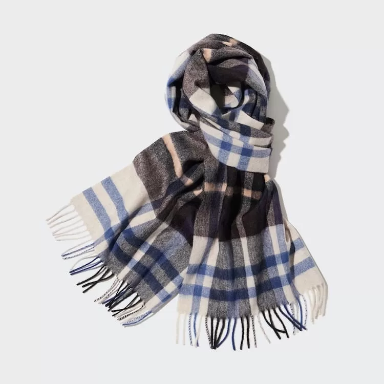 Uniqlo 100% Cashmere Checked Scarves Men Light Grey-WDN618239