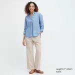 Uniqlo 100% Premium Linen Skipper Collar 3/4 Sleeved Women’s Shirts Blue