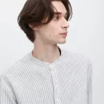 Uniqlo 100% Premium Linen Striped Regular Fit (Grandad Collar) Men’s Shirts Blue