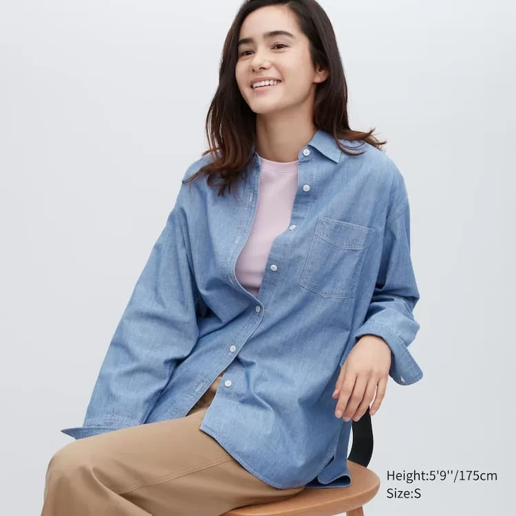 Uniqlo Chambray Oversized Long Sleeved Women’s Shirts Blue Uniqlo Chambray Oversized Long Sleeved Women’s Shirts Blue