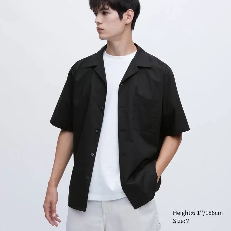 Uniqlo Cotton Blend Casual Short Sleeved (Open Collar) Men’s Black Shirts Uniqlo Cotton Blend Casual Short Sleeved (Open Collar) Men’s Black Shirts