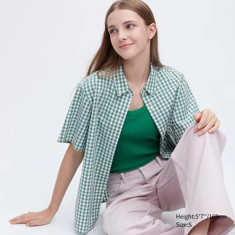 Uniqlo Cotton Checked Short Sleeved Women’s Shirts Green Uniqlo Cotton Checked Short Sleeved Women’s Shirts Green