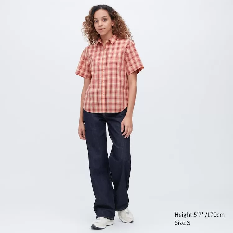 Uniqlo Cotton Checked Short Sleeved Women's Shirts Pink - uniqlo-women, uniqlo-clothes-women, uniqlo-clothes-shirts-women