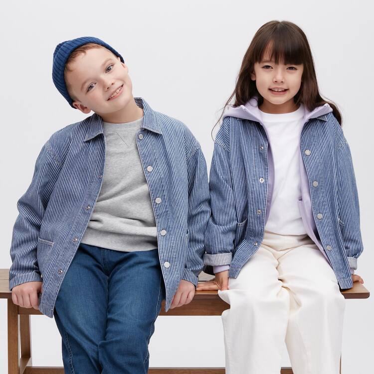Uniqlo Denim Striped Overshirt Jackets Kids Blue Uniqlo Denim Striped Overshirt Jackets Kids Blue