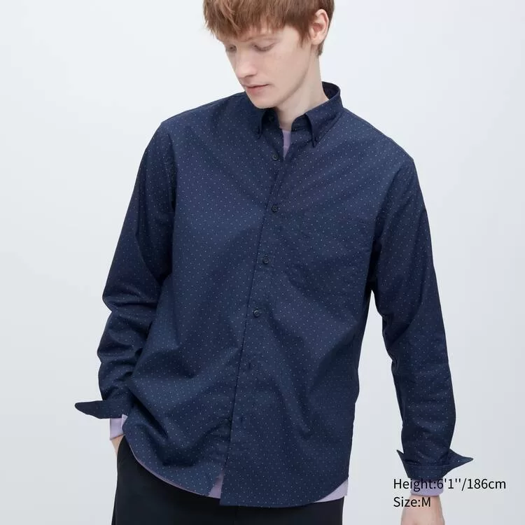 Uniqlo Extra Fine Cotton Broadcloth Regular Fit Printed Shirts (Regular Collar) Men's Blue-BDV283756