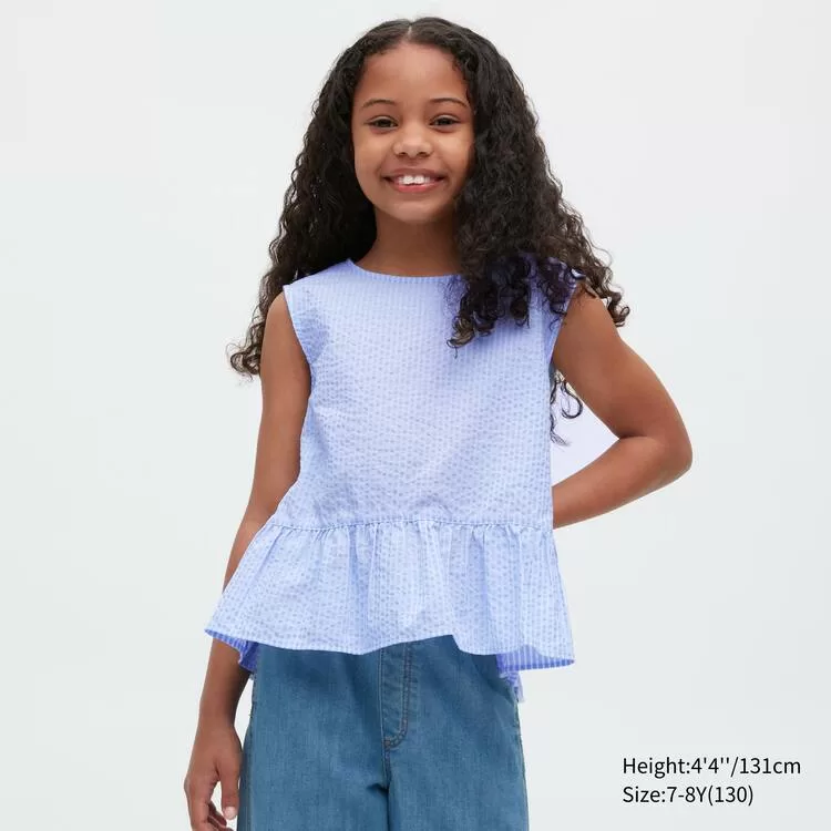 Uniqlo Gathered Striped Short Sleeved Blouses Kids Blue Uniqlo Gathered Striped Short Sleeved Blouses Kids Blue