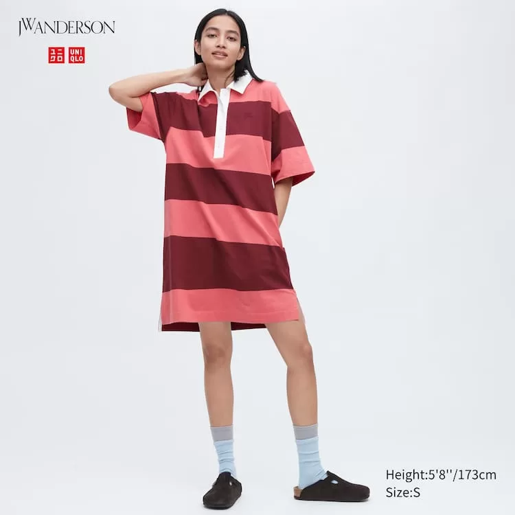 Uniqlo JW Anderson Striped Polo Short Sleeved Dress Women Pink Uniqlo JW Anderson Striped Polo Short Sleeved Dress Women Pink