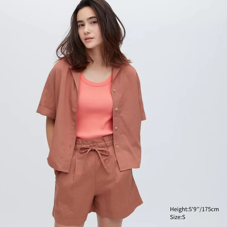 Uniqlo Linen Blend Open Collar Short Sleeved Women’s Shirts Brown Uniqlo Linen Blend Open Collar Short Sleeved Women’s Shirts Brown
