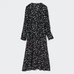Uniqlo Printed V Neck Flared Long Sleeved Dress Women Black