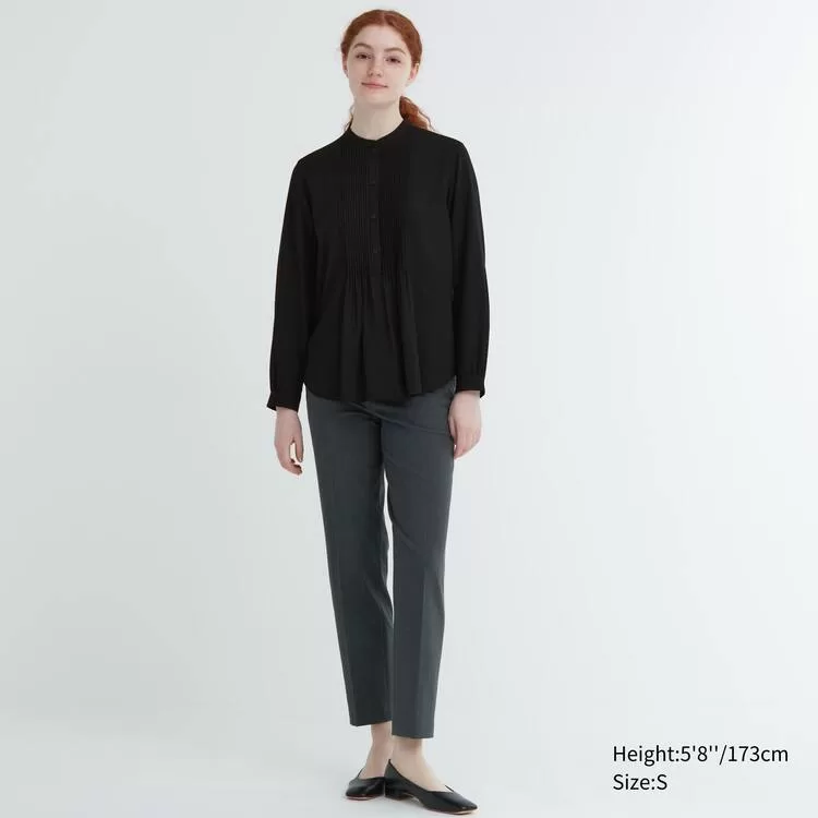 Uniqlo Rayon Pintuck Long Sleeved Women’s Blouses Black Uniqlo Rayon Pintuck Long Sleeved Women’s Blouses Black