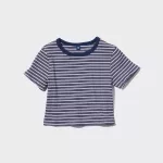 Uniqlo Ribbed Striped Cropped T-Shirt Kids Blue