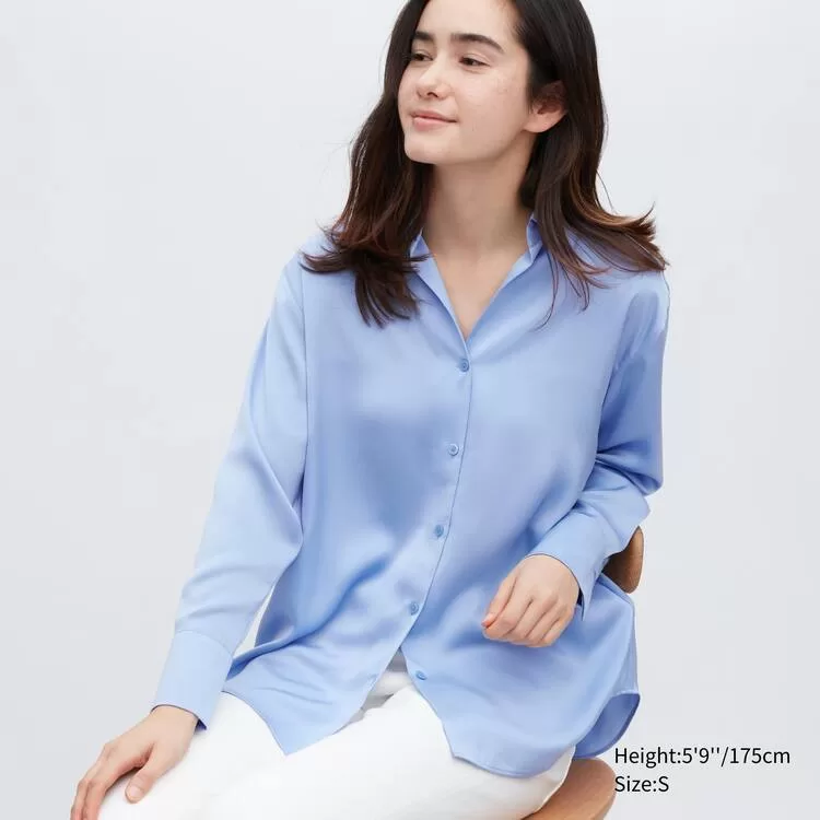 Uniqlo Satin Long Sleeved Women’s Blouses Blue Uniqlo Satin Long Sleeved Women’s Blouses Blue