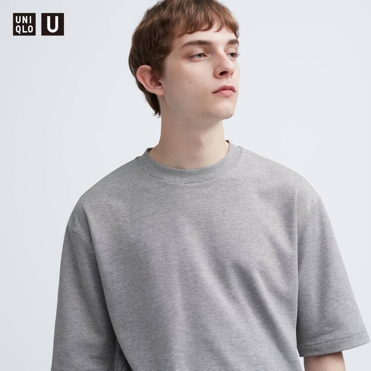 Uniqlo U Airism Cotton Striped Oversized Crew Neck Half Sleeve T-Shirt Men White Uniqlo U Airism Cotton Striped Oversized Crew Neck Half Sleeve T-Shirt Men White
