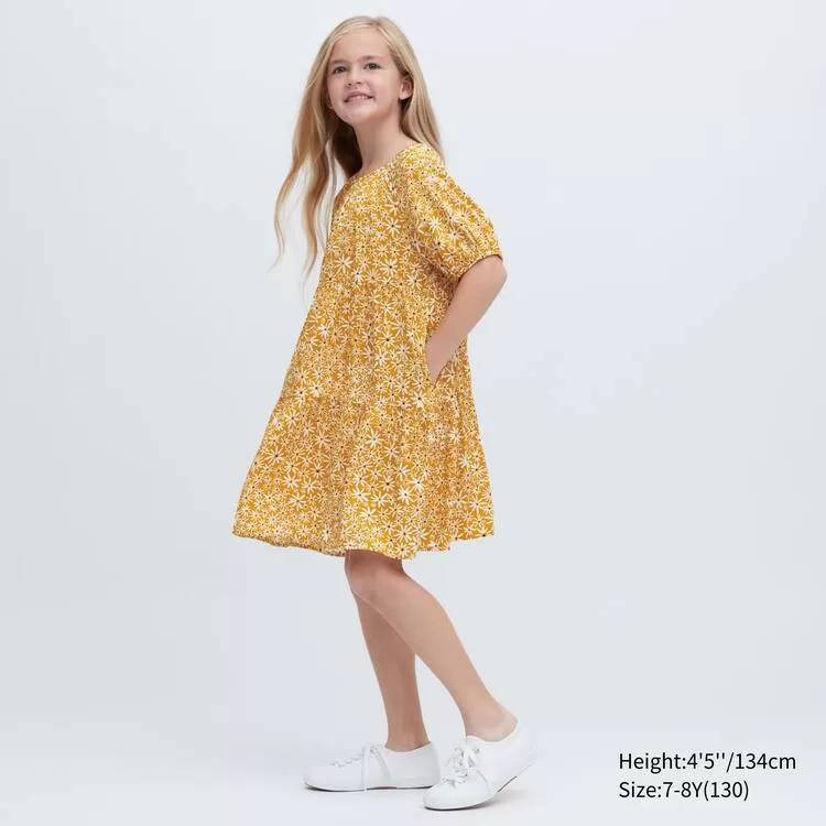 Uniqlo Viscose Flower Printed Short Sleeved Dress Kids Yellow Uniqlo Viscose Flower Printed Short Sleeved Dress Kids Yellow