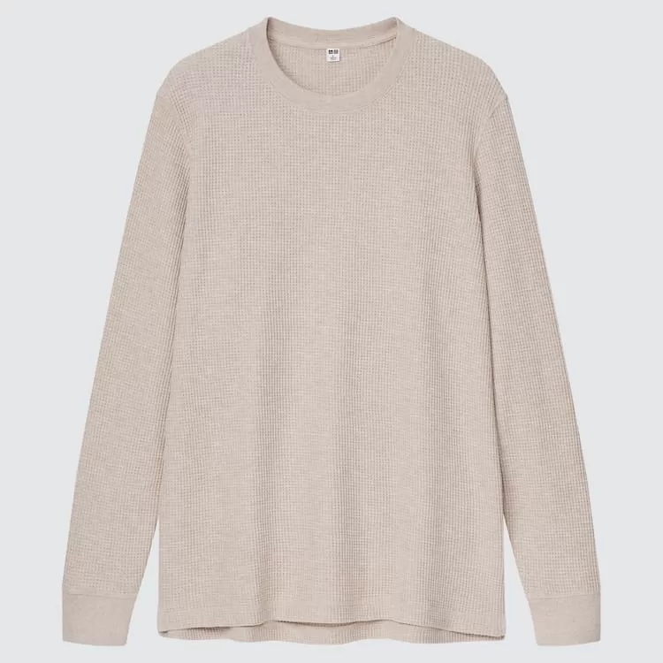 Uniqlo Waffle Crew Neck Long Sleeved T-shirt (2021 Season) Men Beige Uniqlo Waffle Crew Neck Long Sleeved T-shirt (2021 Season) Men Beige