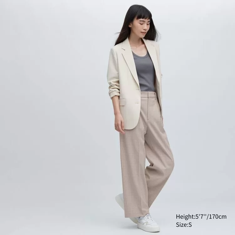 Uniqlo Women’s Pleated Checked Wide Leg Pants Beige Uniqlo Women’s Pleated Checked Wide Leg Pants Beige
