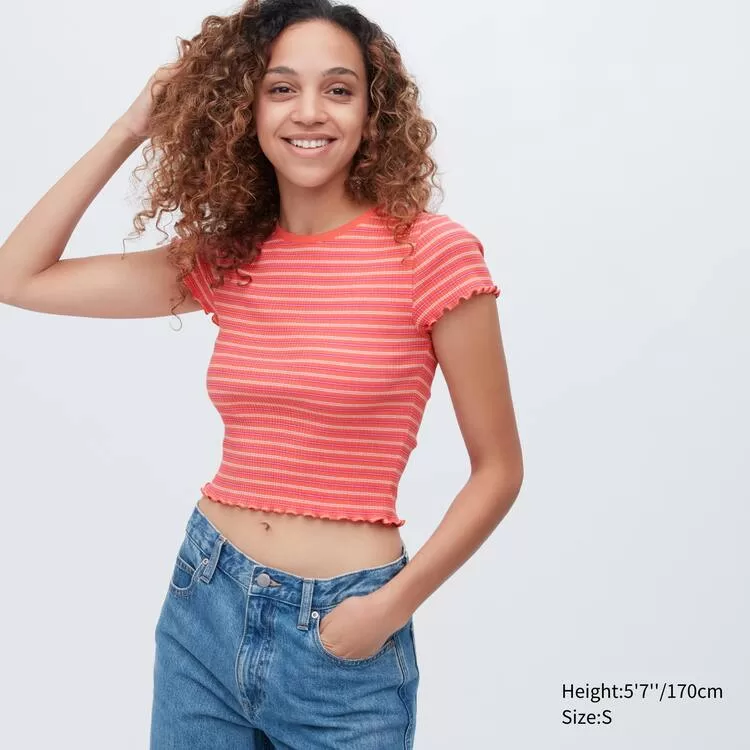 Uniqlo Women’s Ribbed Striped Frill Short Sleeve T-Shirt Orange Uniqlo Women’s Ribbed Striped Frill Short Sleeve T-Shirt Orange