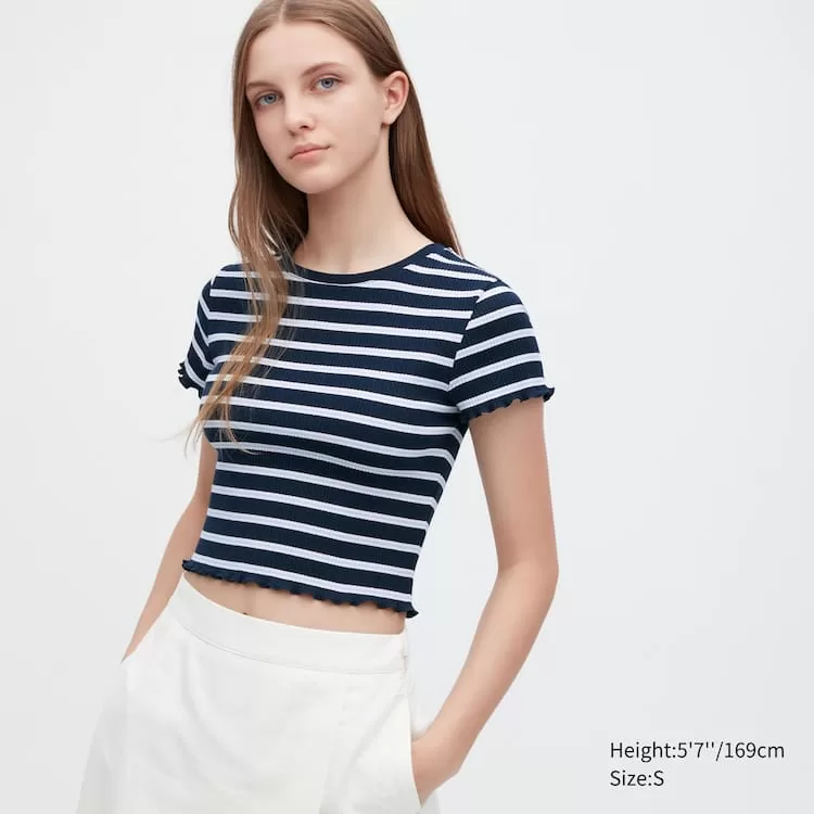 Uniqlo Women’s Ribbed Striped Frill Short Sleeved T-Shirt Navy Uniqlo Women’s Ribbed Striped Frill Short Sleeved T-Shirt Navy