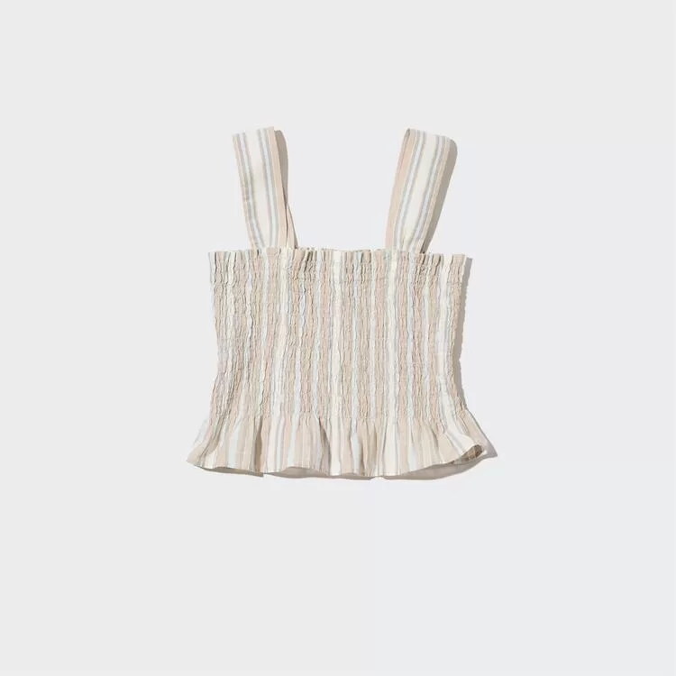 Uniqlo Women’s Striped Gathered Sleeveless Cotton Blouses Beige Uniqlo Women’s Striped Gathered Sleeveless Cotton Blouses Beige